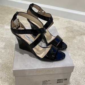 Jimmy Choo Black Patent Leather Fearne Cross Strap Wedge Sandals